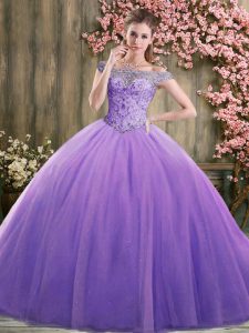 Exquisite Floor Length Lavender Sweet 16 Dress Off The Shoulder Sleeveless Lace Up