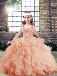 Straps Sleeveless Side Zipper Kids Pageant Dress Peach Tulle