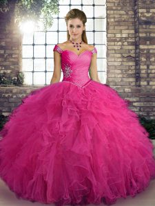 Off The Shoulder Sleeveless Quince Ball Gowns Floor Length Beading and Ruffles Hot Pink Tulle