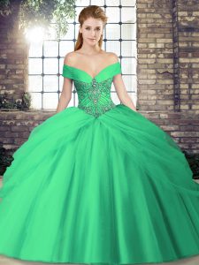 Graceful Turquoise Ball Gowns Tulle Off The Shoulder Sleeveless Beading and Pick Ups Lace Up Quinceanera Gown Brush Train