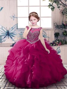 Gorgeous Fuchsia Ball Gowns Organza Scoop Sleeveless Beading and Ruffles Floor Length Zipper Little Girls Pageant Dress