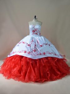 Sweetheart Sleeveless Court Train Lace Up Quinceanera Dress White And Red Satin and Organza