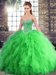 Elegant Green 15 Quinceanera Dress Military Ball and Sweet 16 and Quinceanera with Beading and Ruffles Sweetheart Sleeveless Lace Up