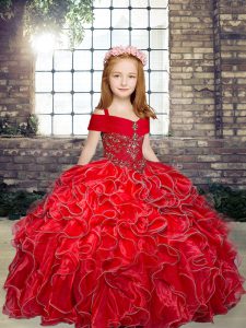 Exquisite Ball Gowns Pageant Dress Wholesale Red Straps Organza Sleeveless Floor Length Lace Up