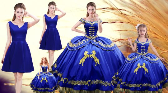 Chic Royal Blue Off The Shoulder Lace Up Embroidery Sweet 16 Dresses Sleeveless