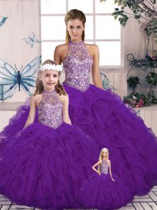 Pretty Floor Length Purple Sweet 16 Quinceanera Dress Halter Top Sleeveless Lace Up