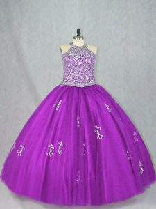 Custom Design Beading and Appliques Quinceanera Dress Purple Lace Up Sleeveless Floor Length