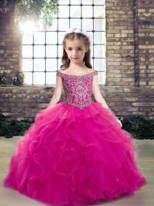 Fuchsia Sleeveless Beading and Ruffles Floor Length Little Girls Pageant Dress Wholesale