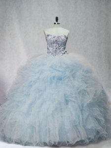 Ball Gowns Sleeveless Light Blue 15th Birthday Dress Brush Train Lace Up