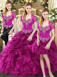 High End Three Pieces Quinceanera Gowns Fuchsia Sweetheart Organza Sleeveless Floor Length Lace Up