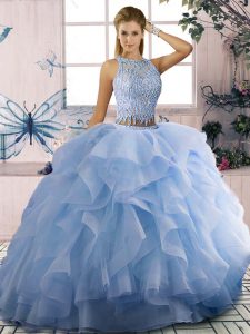 Sleeveless Floor Length Beading and Ruffles Zipper Quinceanera Dresses with Blue