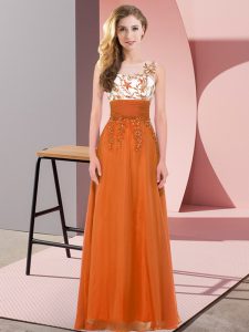 Scoop Sleeveless Court Dresses for Sweet 16 Floor Length Appliques Orange Red Chiffon
