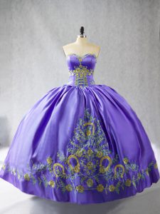 Purple Ball Gowns Satin Sweetheart Sleeveless Embroidery Floor Length Lace Up Quinceanera Dresses