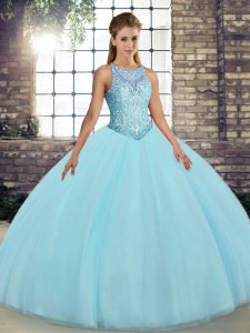 Attractive Aqua Blue Ball Gowns Scoop Sleeveless Tulle Floor Length Lace Up Embroidery Vestidos de Quinceanera