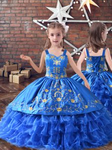 Royal Blue Little Girl Pageant Gowns Wedding Party with Embroidery and Ruffled Layers Straps Sleeveless Lace Up