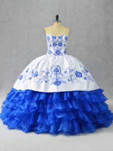 Custom Fit Floor Length Ball Gowns Sleeveless Blue And White Quince Ball Gowns Lace Up