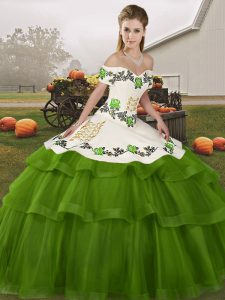 Off The Shoulder Sleeveless Quinceanera Dresses Brush Train Embroidery and Ruffled Layers Olive Green Tulle