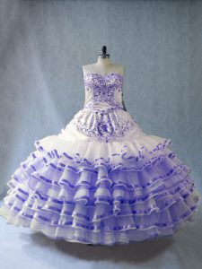 Luxurious Lavender Sleeveless Embroidery and Ruffled Layers Floor Length 15 Quinceanera Dress
