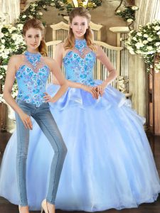Blue Sleeveless Embroidery Floor Length Quinceanera Dresses