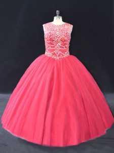Coral Red Ball Gowns Scoop Long Sleeves Tulle Floor Length Lace Up Beading Ball Gown Prom Dress