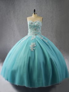 Blue Lace Up Quinceanera Dress Appliques Sleeveless Floor Length