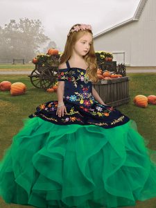 Customized Embroidery and Ruffles Little Girls Pageant Dress Turquoise Lace Up Sleeveless Floor Length