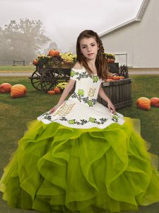 Floor Length Lace Up Pageant Dress for Teens Olive Green for Party and Wedding Party with Embroidery and Ruffles