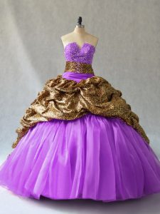 Clearance Lavender Ball Gowns Organza and Printed V-neck Sleeveless Beading and Pick Ups Floor Length Lace Up 15 Quinceanera Dress