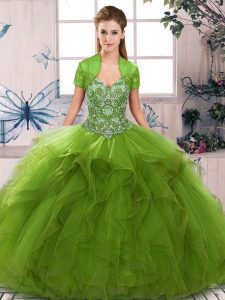 Great Tulle Off The Shoulder Sleeveless Lace Up Beading and Ruffles Quince Ball Gowns in Olive Green