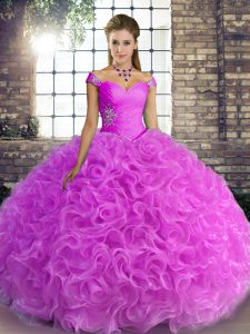 Off The Shoulder Sleeveless Fabric With Rolling Flowers Quinceanera Dresses Beading Lace Up