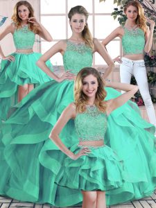 Turquoise Ball Gowns Scoop Sleeveless Tulle Floor Length Zipper Beading and Ruffles Vestidos de Quinceanera