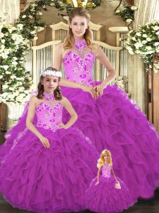 Sleeveless Floor Length Embroidery and Ruffles Lace Up Quince Ball Gowns with Fuchsia