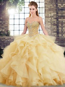 Attractive Gold Vestidos de Quinceanera Military Ball and Sweet 16 and Quinceanera with Beading and Ruffles Sweetheart Sleeveless Brush Train Lace Up