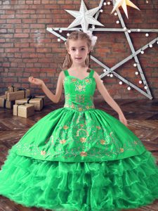Sleeveless Satin and Organza Floor Length Lace Up Little Girl Pageant Gowns in Green with Embroidery and Ruffled Layers