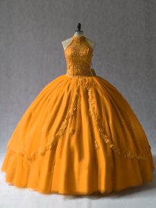 Orange Halter Top Neckline Beading 15 Quinceanera Dress Lace Up