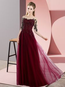 Fabulous Chiffon Bateau Half Sleeves Lace Up Beading and Lace Vestidos de Damas in Burgundy