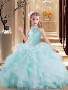 Sleeveless Tulle Brush Train Lace Up Little Girls Pageant Dress in Light Blue with Beading and Ruffles