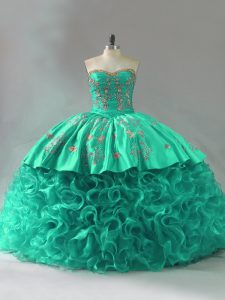 Lace Up Quinceanera Gowns Green for Sweet 16 and Quinceanera with Embroidery and Ruffles Court Train