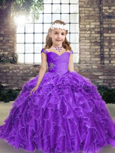 Nice Sleeveless Floor Length Beading and Ruffles Lace Up Pageant Gowns For Girls with Purple