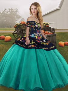 Vintage Turquoise Ball Gowns Embroidery Quinceanera Gown Lace Up Tulle Sleeveless Floor Length