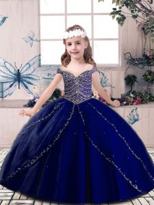 Straps Sleeveless Girls Pageant Dresses Floor Length Beading Blue Tulle