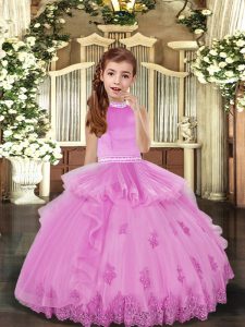 High-neck Sleeveless Pageant Gowns For Girls Floor Length Beading and Appliques Lilac Tulle