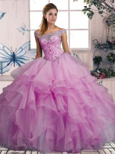 Lilac Vestidos de Quinceanera Military Ball and Sweet 16 and Quinceanera with Beading and Ruffles Off The Shoulder Sleeveless Lace Up
