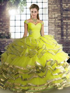 Floor Length Yellow Green 15th Birthday Dress Off The Shoulder Sleeveless Lace Up