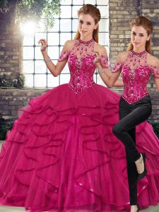 Fuchsia Two Pieces Tulle Halter Top Sleeveless Beading and Ruffles Floor Length Lace Up Quinceanera Gown