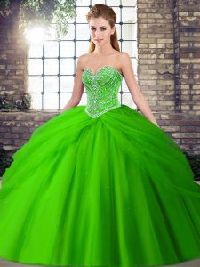 Green Ball Gowns Sweetheart Sleeveless Tulle Brush Train Lace Up Beading and Pick Ups Ball Gown Prom Dress
