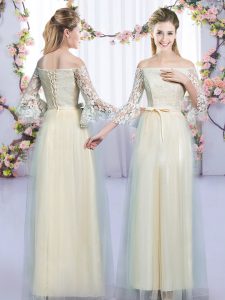 Best Champagne 3 4 Length Sleeve Tulle Lace Up Quinceanera Court of Honor Dress for Wedding Party