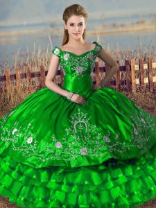 Elegant Green Lace Up Off The Shoulder Embroidery and Ruffled Layers Sweet 16 Quinceanera Dress Satin Sleeveless