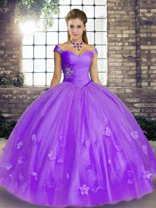 High Class Sleeveless Tulle Floor Length Lace Up Quinceanera Dress in Lavender with Beading and Appliques