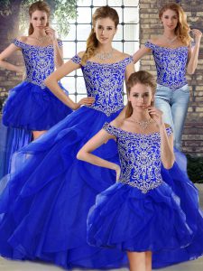 Romantic Off The Shoulder Sleeveless Brush Train Lace Up Quinceanera Gown Royal Blue Tulle